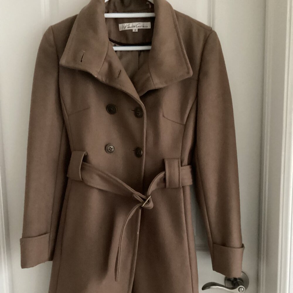 Kenneth Cole Belted Wool-Blend Maxi Coat, 2, Camel